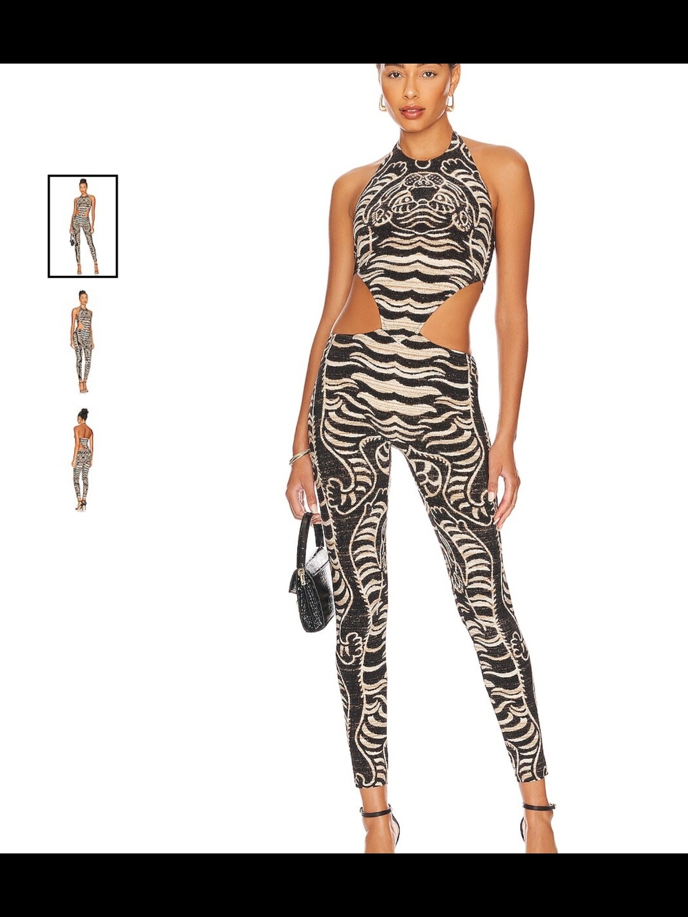 Norma Kamali Black & Cream Cutout Halter Zebra-Print Jumpsuit